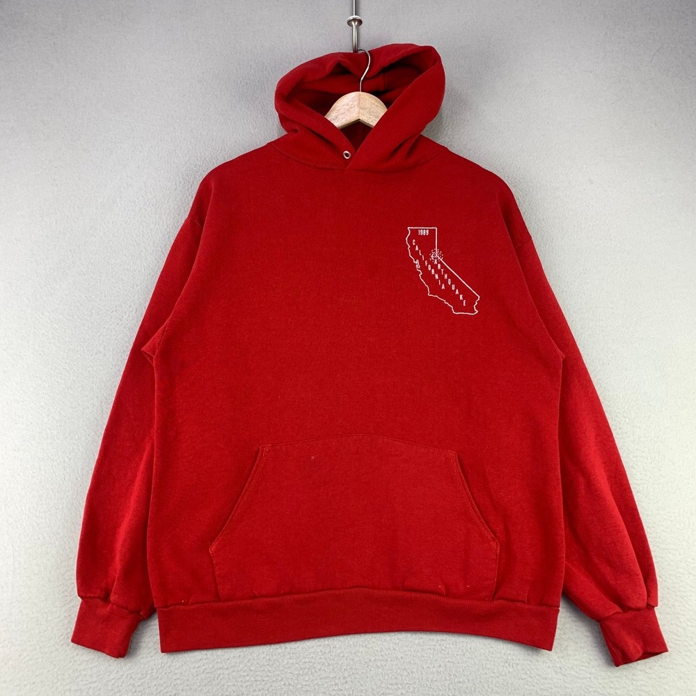 Vintage 80s Jerzees Hoodie Mens XL Red Graphic Pullover 1989 Cali Earthquake